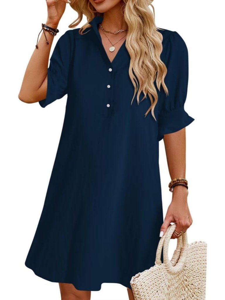 Women's Button Down Navy Blue Ruffle Sleeve Summer Mini Dresses With Pockets